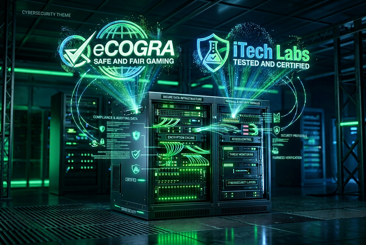 Modern holographic security certificates and RTP/RNG compliance dashboard for online casinos
