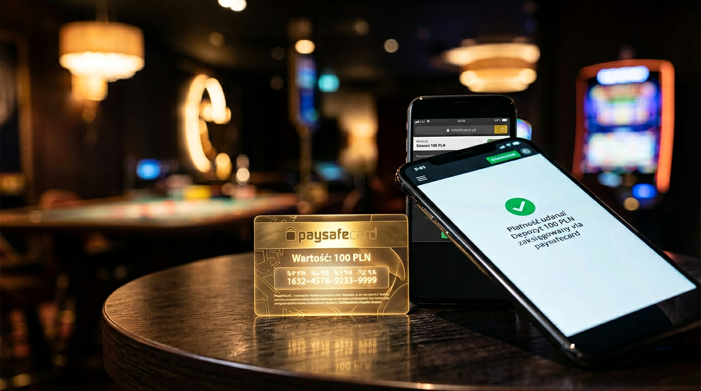 Ekskluzywne ujęcie kuponu Paysafecard na tle luksusowego kasyna