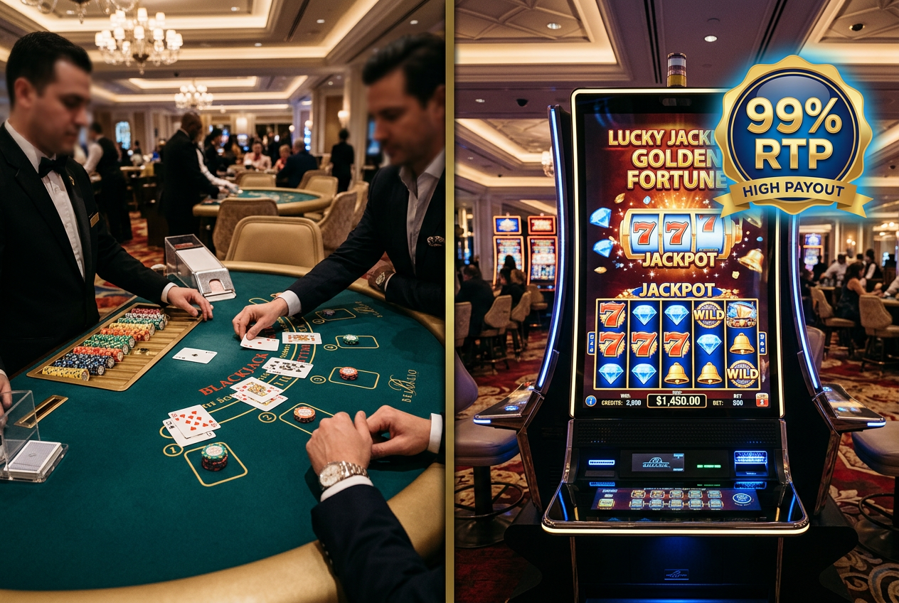 Professional blackjack table and slot machine interface with high RTP labels