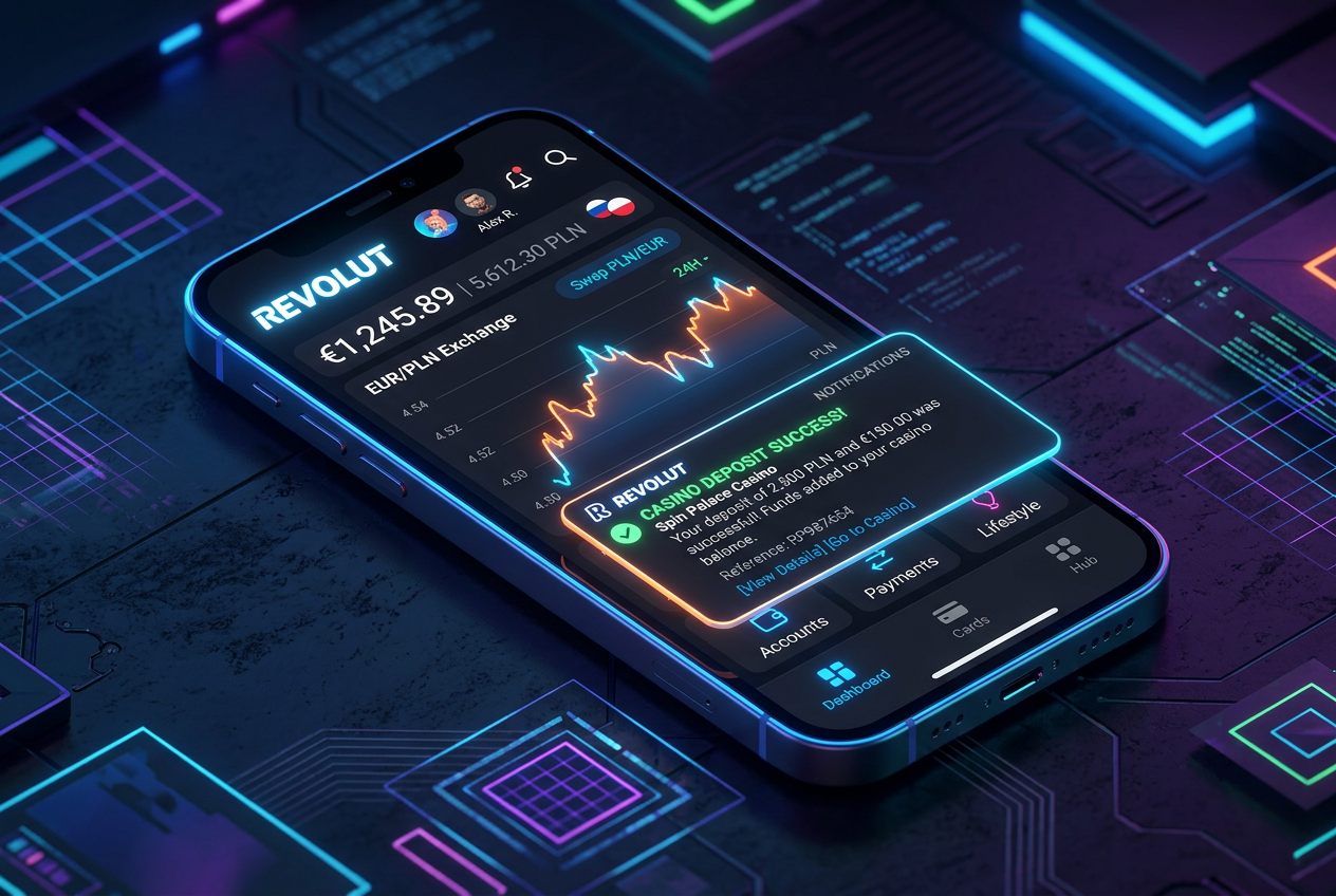 Smartfon z aplikacją Revolut wyświetlający oszczędności na przewalutowaniu przy wpłacie do kasyna online